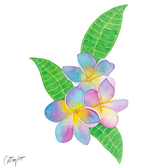 Aquarelle fleurs, frangipanier, plumeria, feuilles, fleurs, vert, jaune, rose, bleu